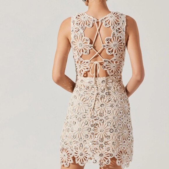 Crochet floral mini dress Sequin details throughout Exposed back with lace up cl - Picture 2 of 3